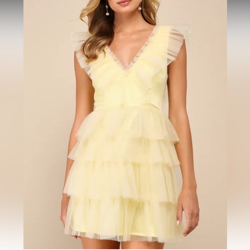 Lulus Yellow Striking Sensation Tulle Tiered Ruffled Charming Mini Dress NWOT M